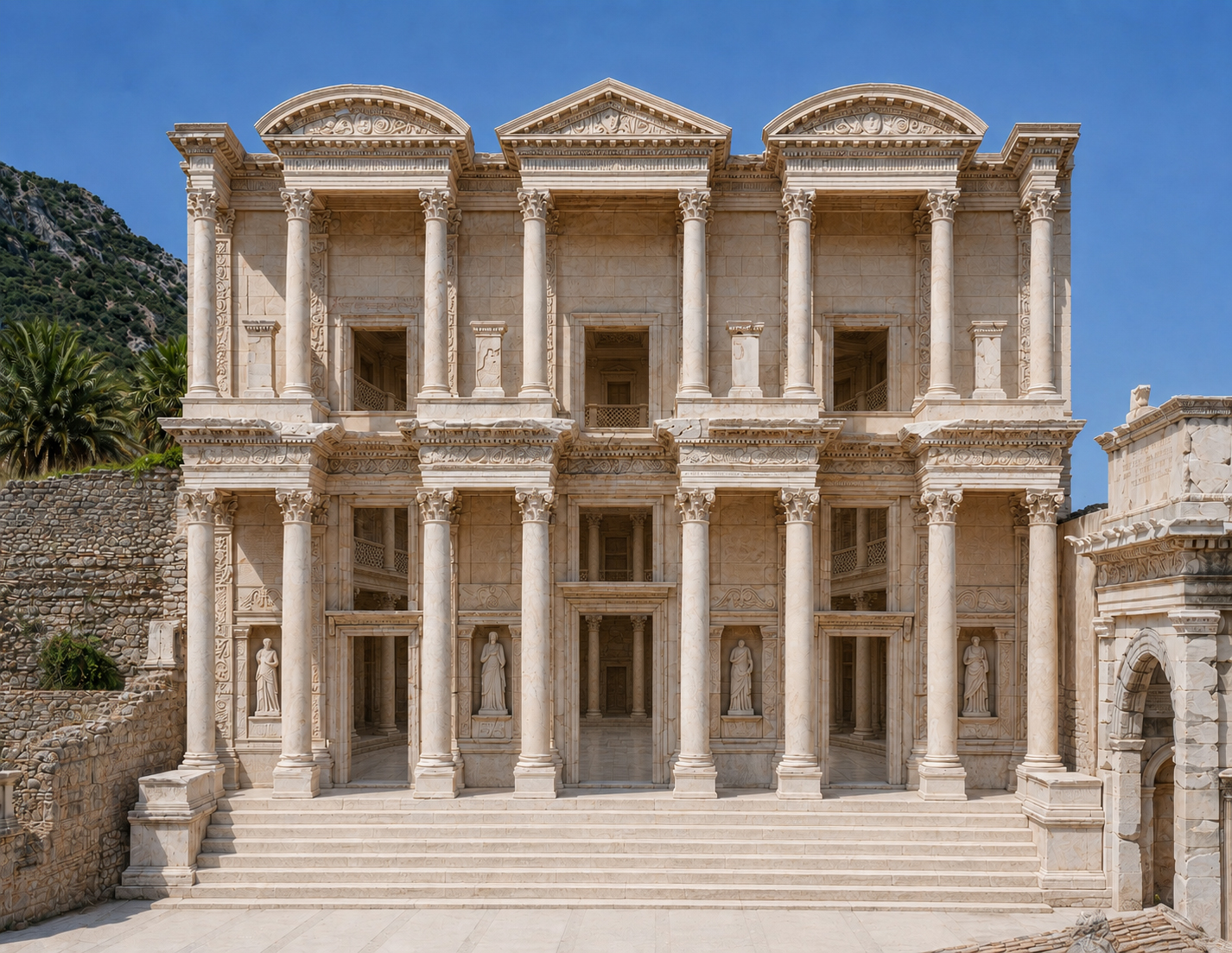AI-reconstructed façade of the Library of Celsus