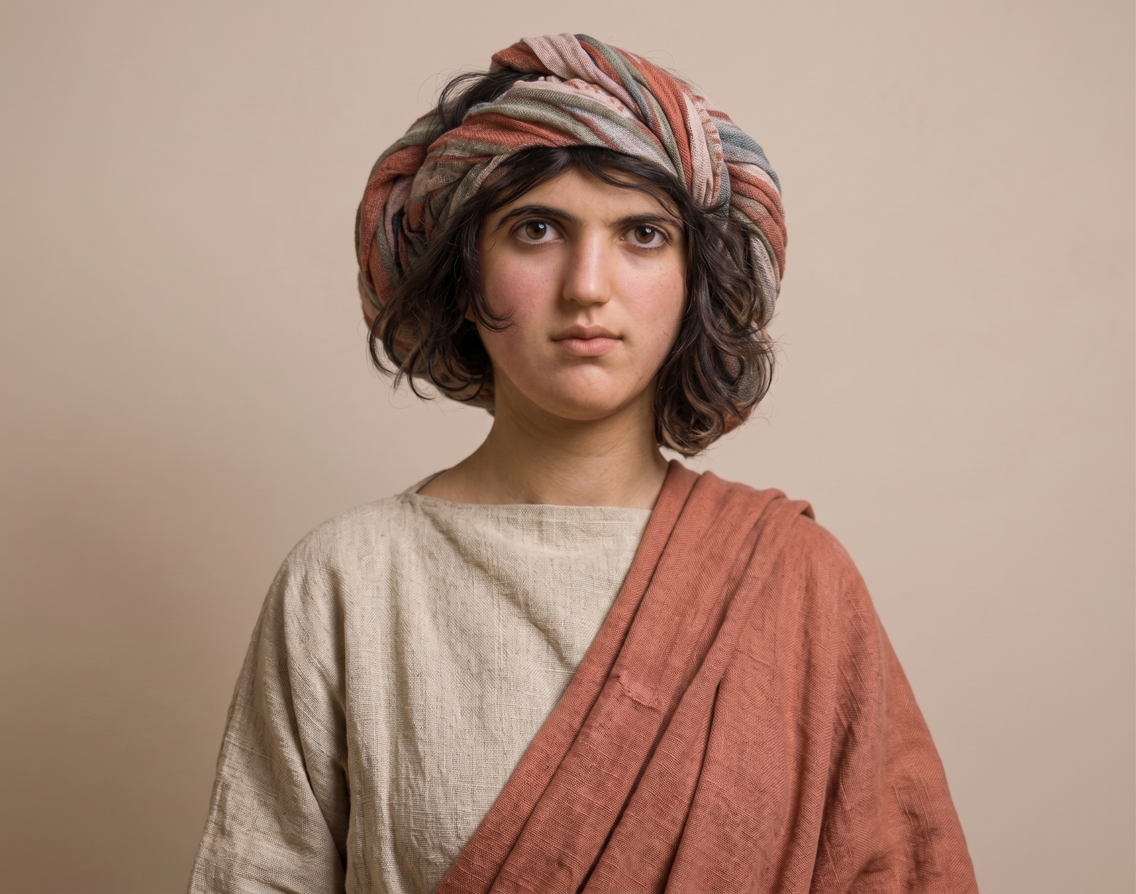 Photoreal reconstruction of the mosaic woman wearing a plain chiton and himation, both shoulders covered