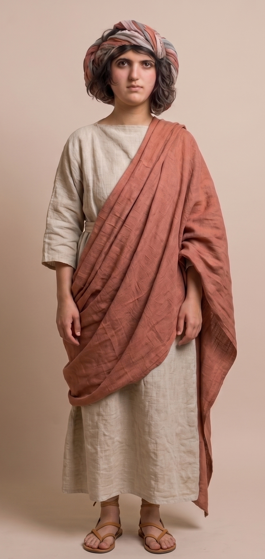 Full-body photoreal reconstruction showing the ankle-length chiton, draped himation, and flat leather sandals