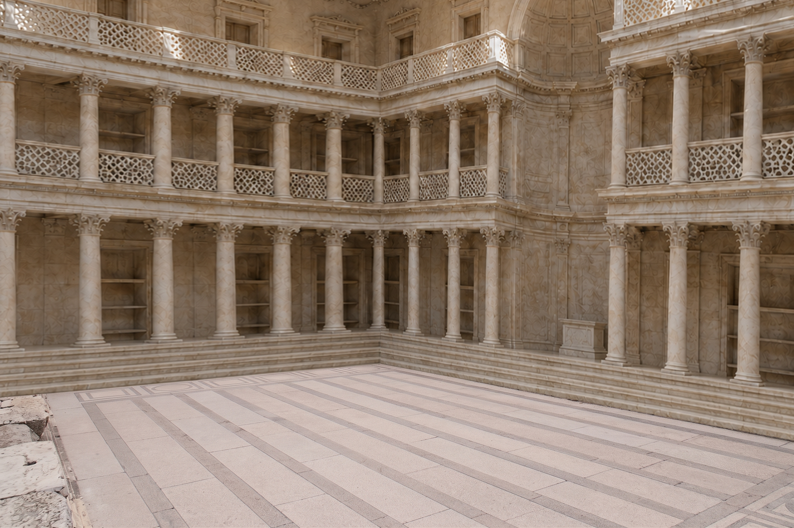 AI-reconstructed interior of the Library of Celsus, same vantage point